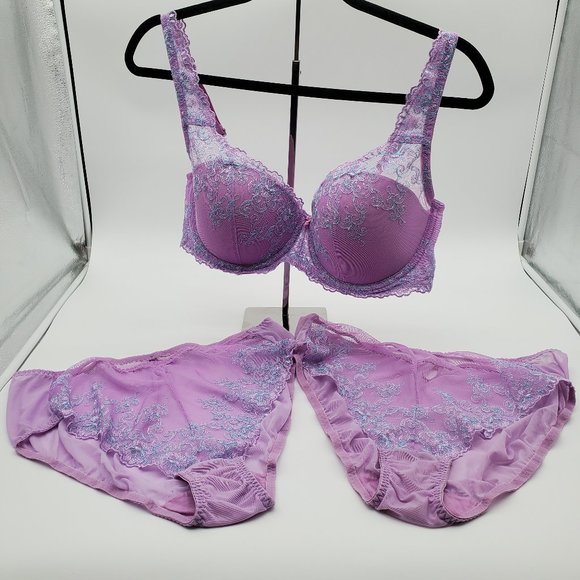 Ambrielle 40C Lace Underwire Lavender Bra with 2 Matching High Cut XL Panties - Picture 1 of 8